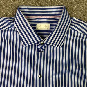 Eton Contemporary Shirt Men's 45 17  3/4 Blue Stripe Button Down Spread Collar